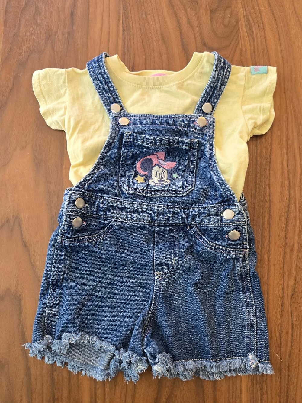 Disney Minnie Mouse Cowgirl Western Denim Overalls Shortalls & Yellow Tee Set 2T